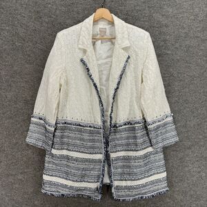 Chico's Jacket Women 3 White Striped Collared 3/4 Sleeve Open Front Cotton